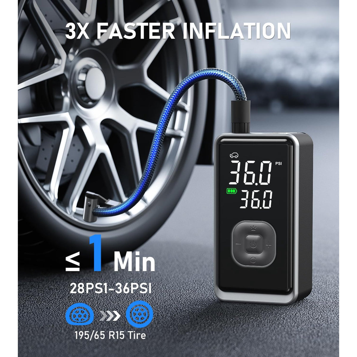 Seavon Tire Inflator Portable Air Compressor, 150 PSI Cordless Air Pump with Digital Gauge, 1.24 CFM Fast Inflation, Auto Shutoff, LED Light for Car, Motorcycle, Bike and Balls