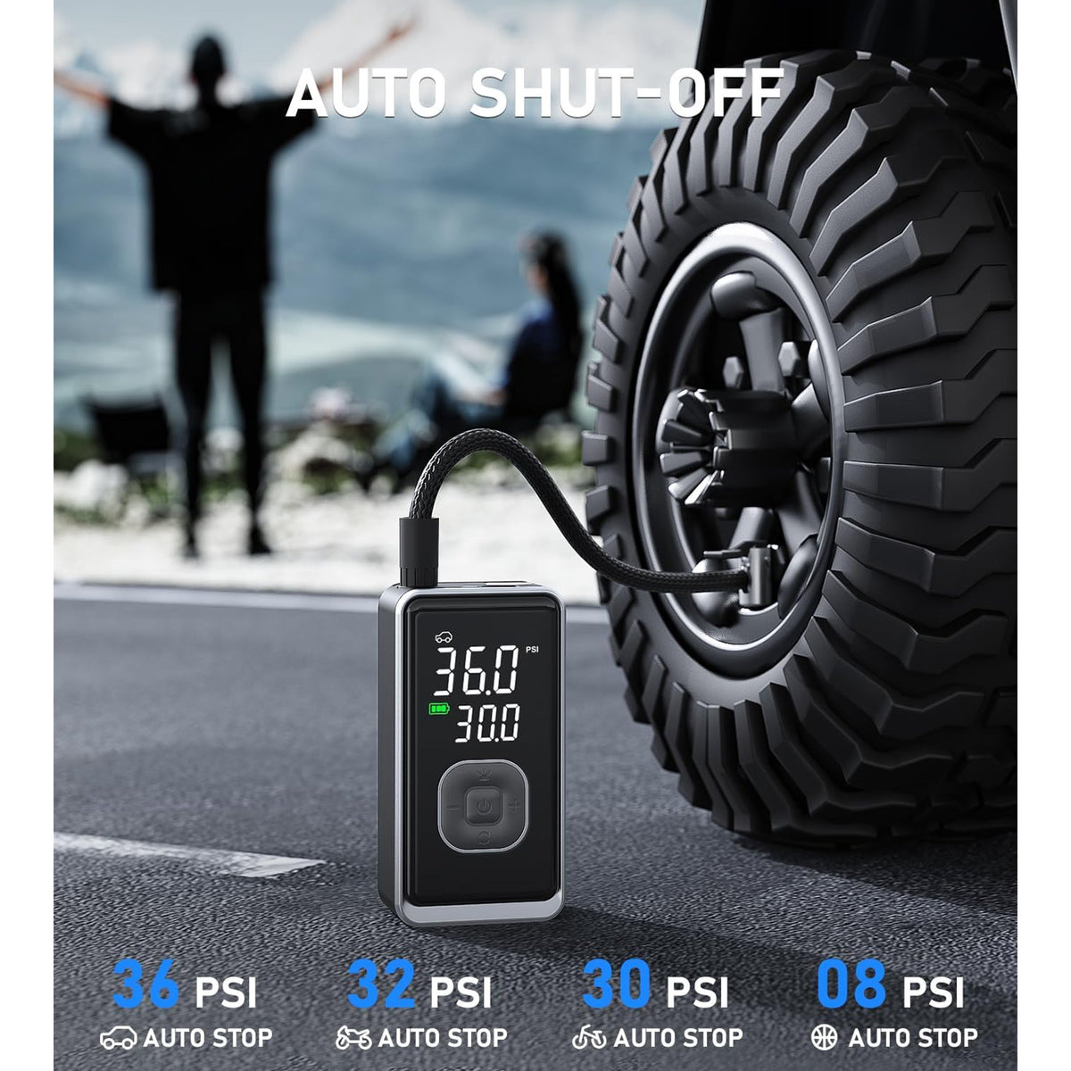 Seavon Tire Inflator Portable Air Compressor, 150 PSI Cordless Air Pump with Digital Gauge, 1.24 CFM Fast Inflation, Auto Shutoff, LED Light for Car, Motorcycle, Bike and Balls