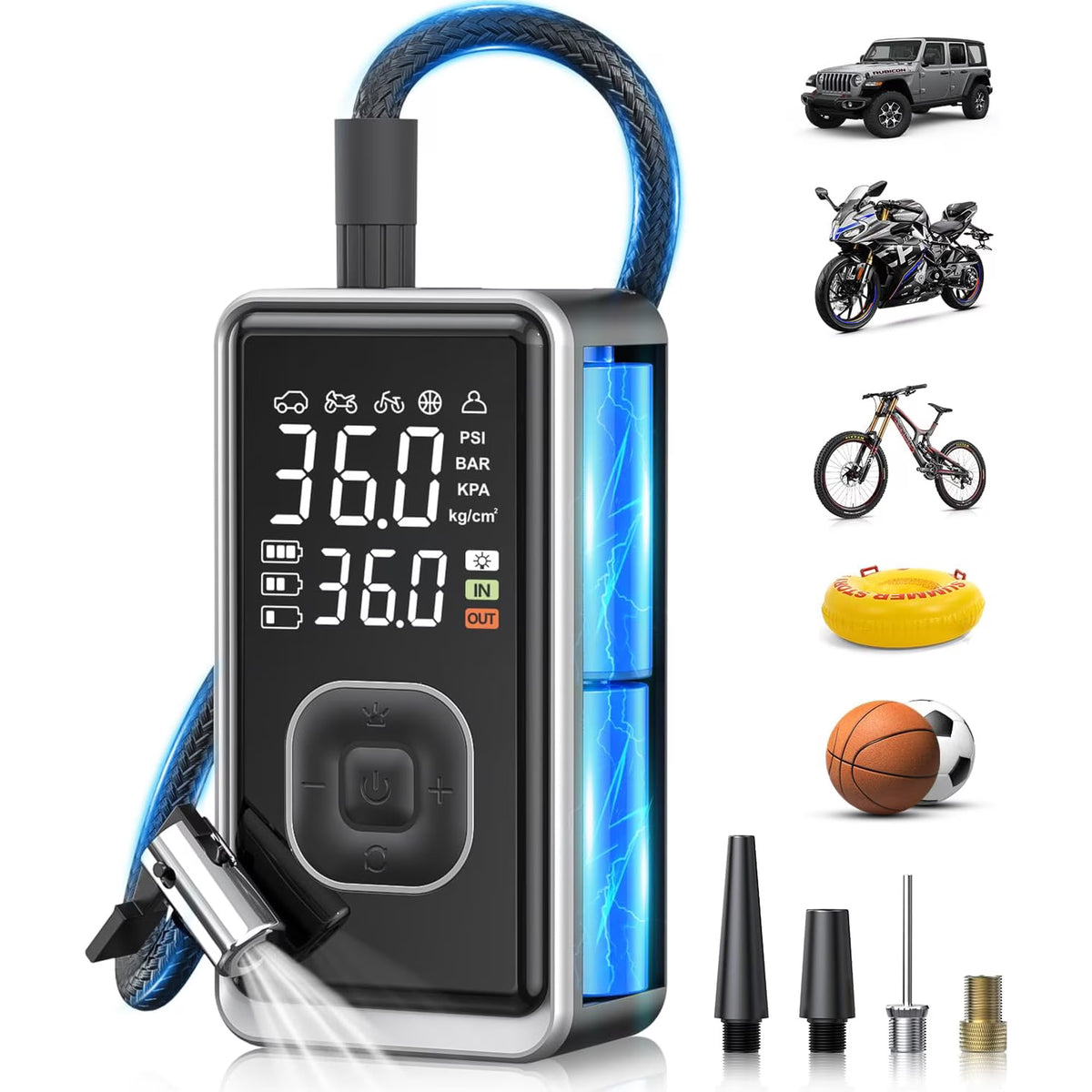 Seavon Tire Inflator Portable Air Compressor, 150 PSI Cordless Air Pump with Digital Gauge, 1.24 CFM Fast Inflation, Auto Shutoff, LED Light for Car, Motorcycle, Bike and Balls