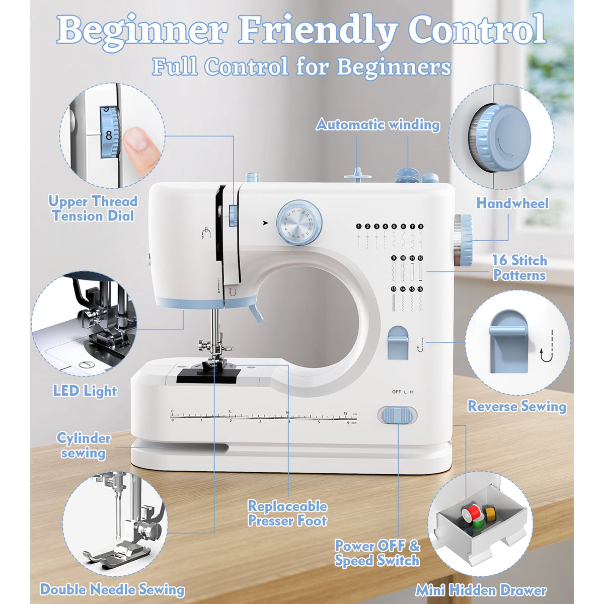 Seavon FHSM-520 Portable Sewing Machine for Beginners, Out Storage Drawer for Home Mending and DIY Crafts