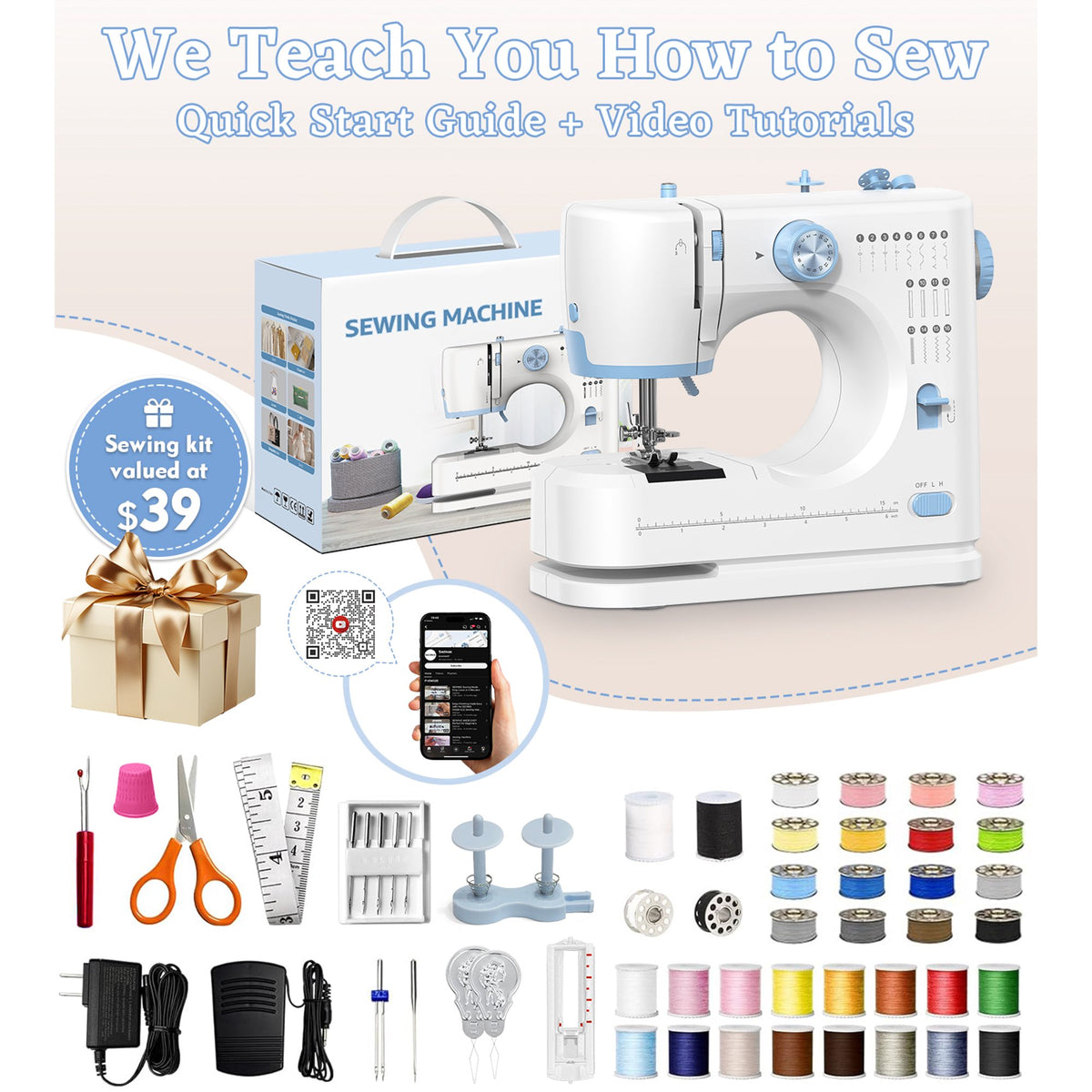 Seavon FHSM-520 Portable Sewing Machine for Beginners, Out Storage Drawer for Home Mending and DIY Crafts