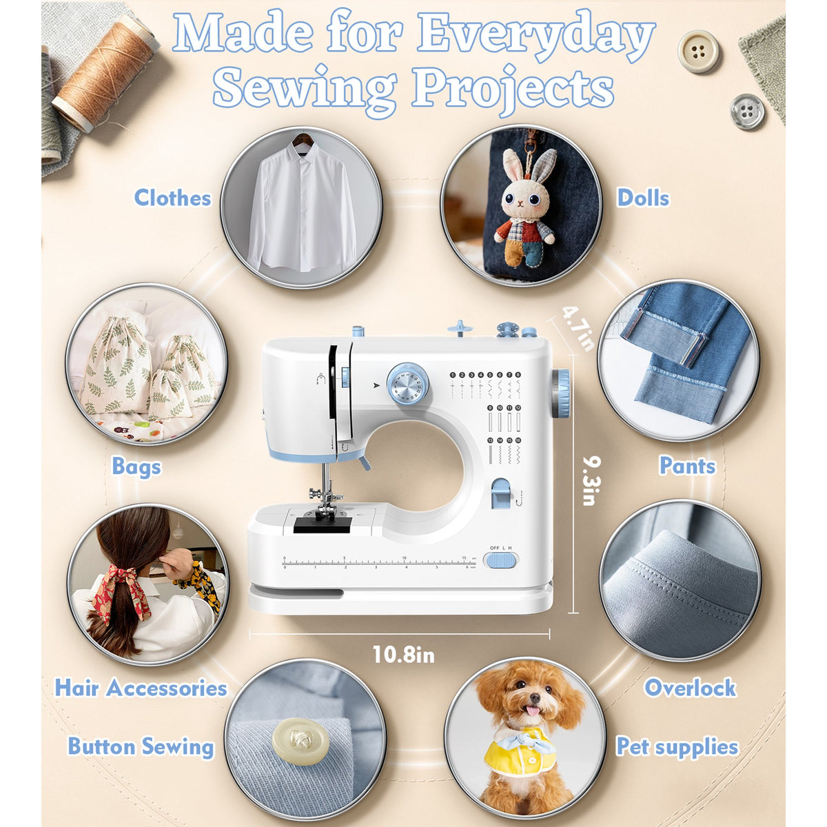 Seavon FHSM-520 Portable Sewing Machine for Beginners, Out Storage Drawer for Home Mending and DIY Crafts