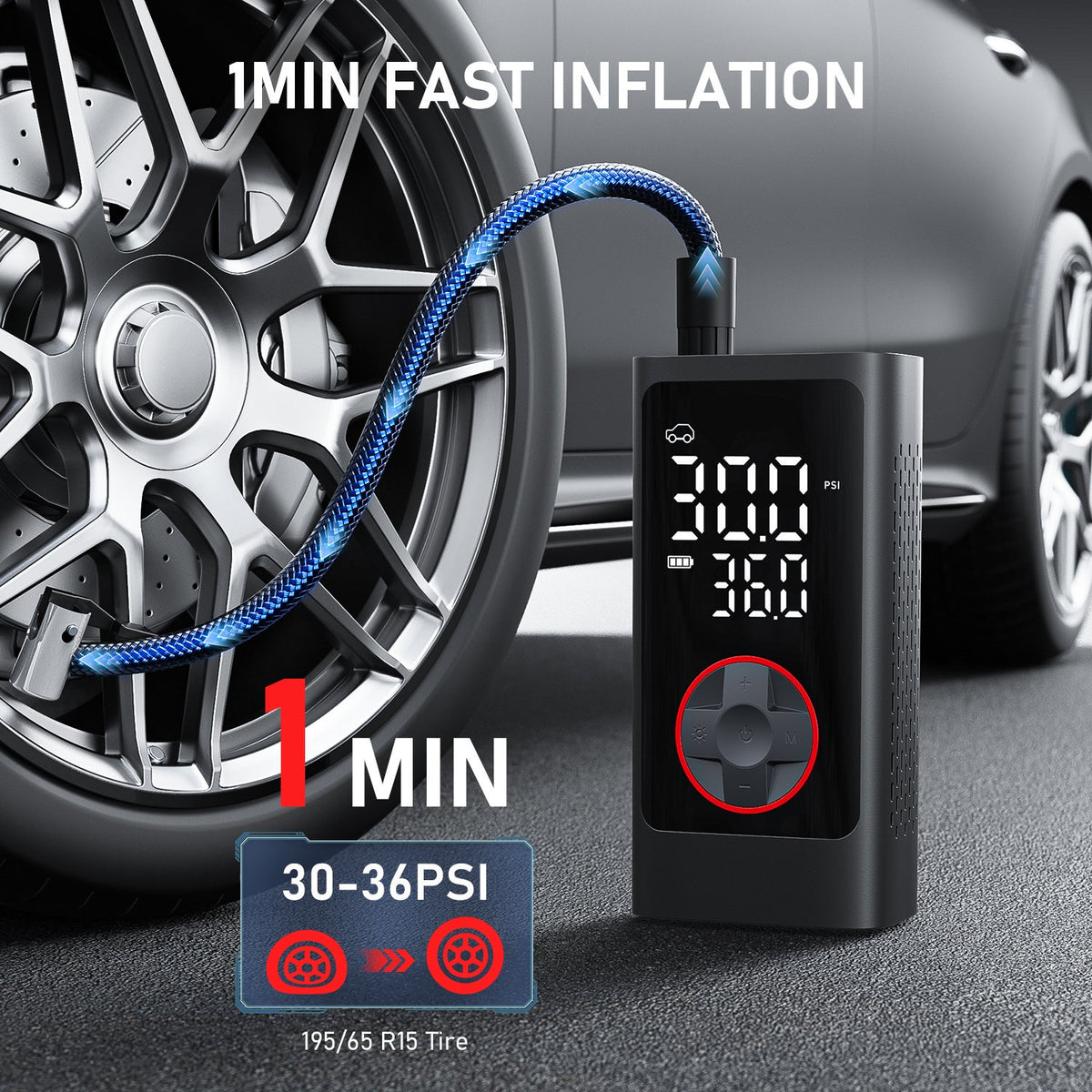 Seavon Tire Inflator Portable Air Compressor, 150 PSI Cordless Air Pump with Dual Digital Display, Auto Shutoff, 5 Modes, LED Emergency Light and Power Bank for Car, SUV, Bike and Ball