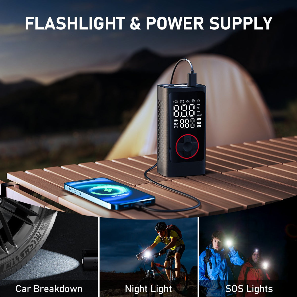 Seavon Tire Inflator Portable Air Compressor, 150 PSI Cordless Air Pump with Dual Digital Display, Auto Shutoff, 5 Modes, LED Emergency Light and Power Bank for Car, SUV, Bike and Ball