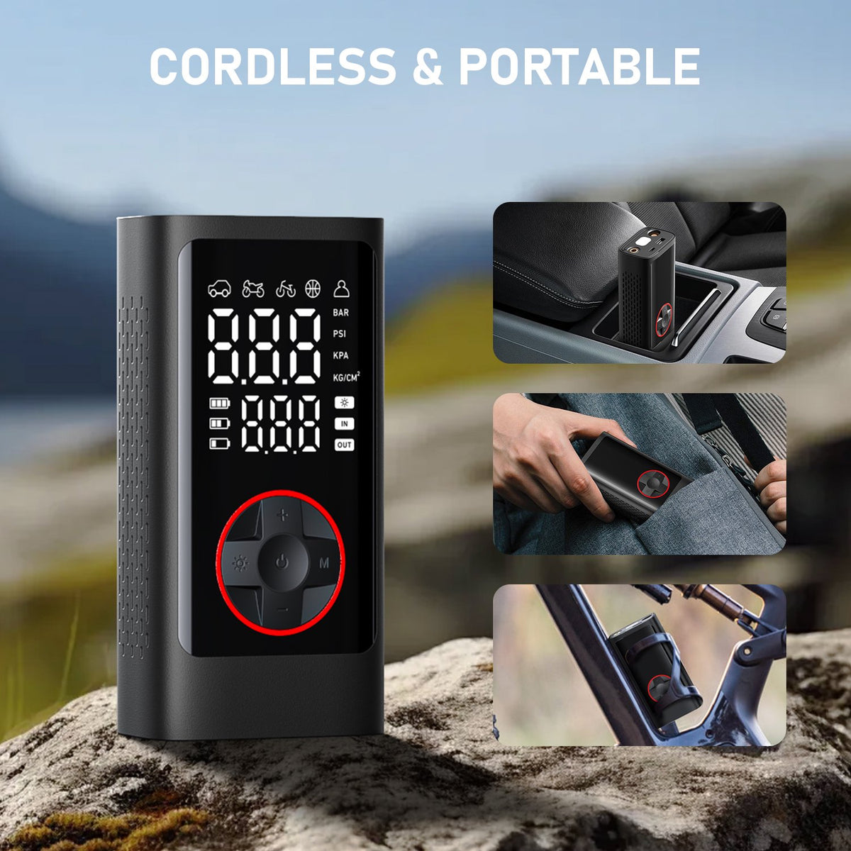 Seavon Tire Inflator Portable Air Compressor, 150 PSI Cordless Air Pump with Dual Digital Display, Auto Shutoff, 5 Modes, LED Emergency Light and Power Bank for Car, SUV, Bike and Ball