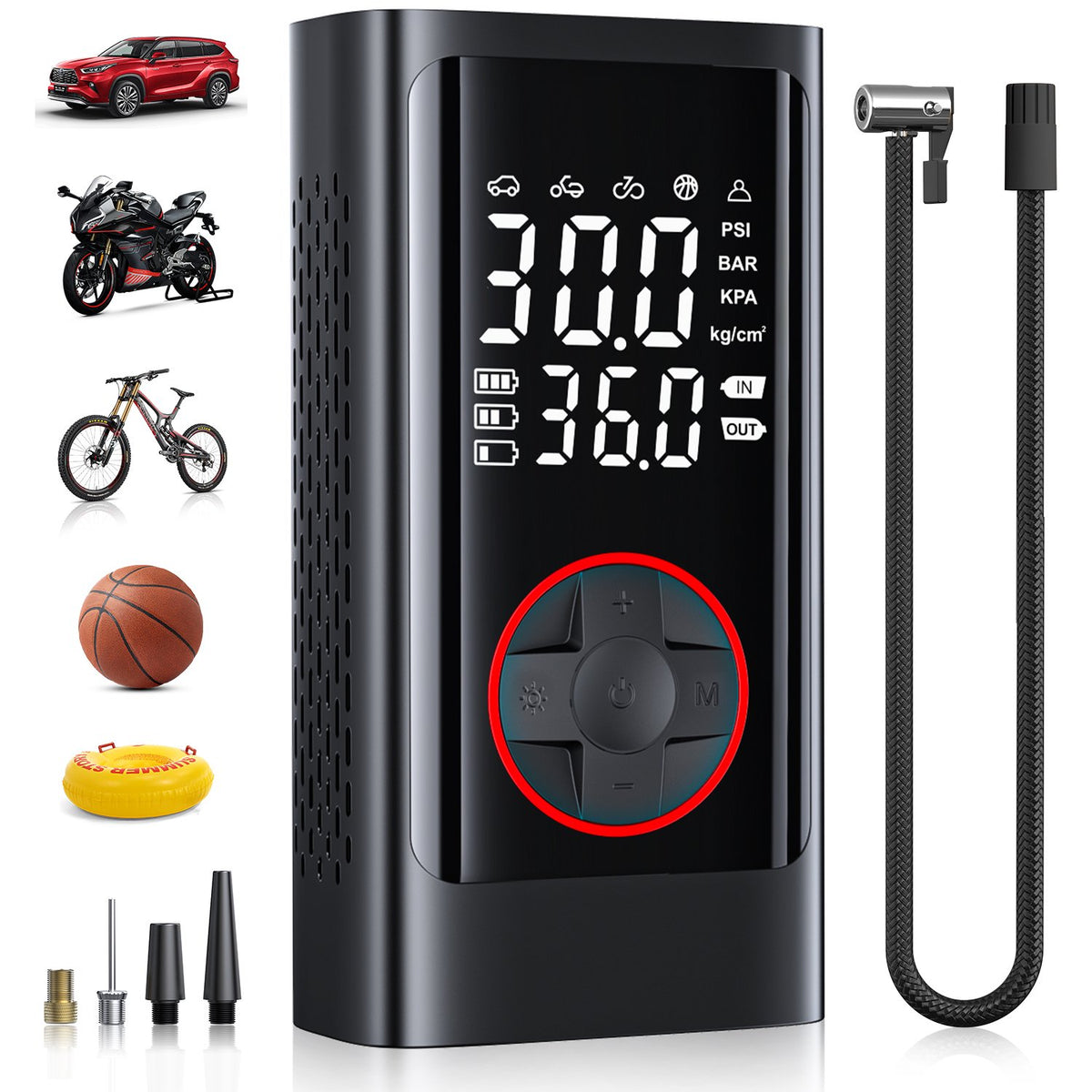 Seavon Tire Inflator Portable Air Compressor, 150 PSI Cordless Air Pump with Dual Digital Display, Auto Shutoff, 5 Modes, LED Emergency Light and Power Bank for Car, SUV, Bike and Ball