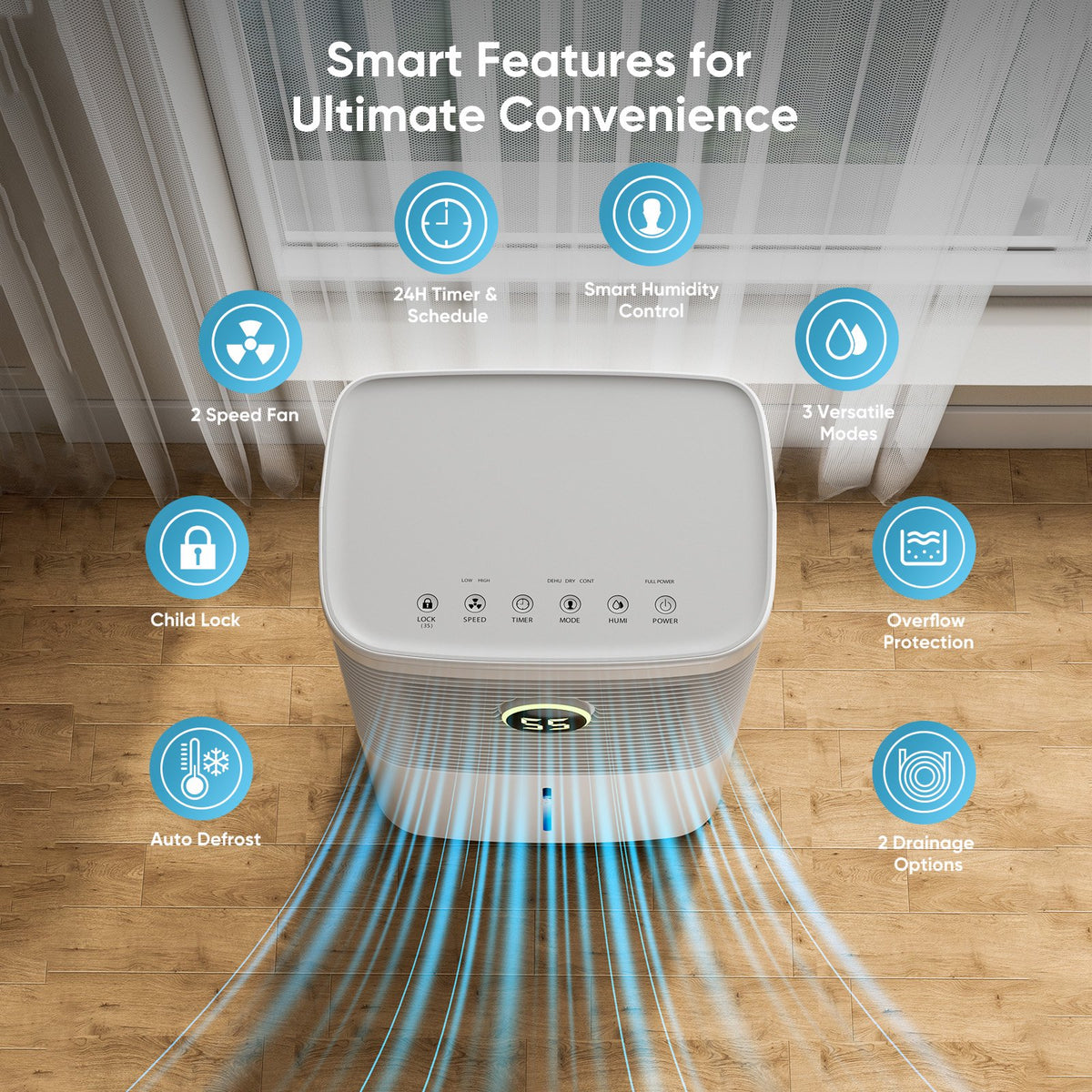 Seavon 34-Pint Dehumidifier for Basement Up to 2,500 Sq. Ft., 40 dB Quiet Dehumidifier with Color Humidity Ring, 3 Modes, 0.5-Gal Tank, 3.3-Ft Drain Hose and Auto Defrost