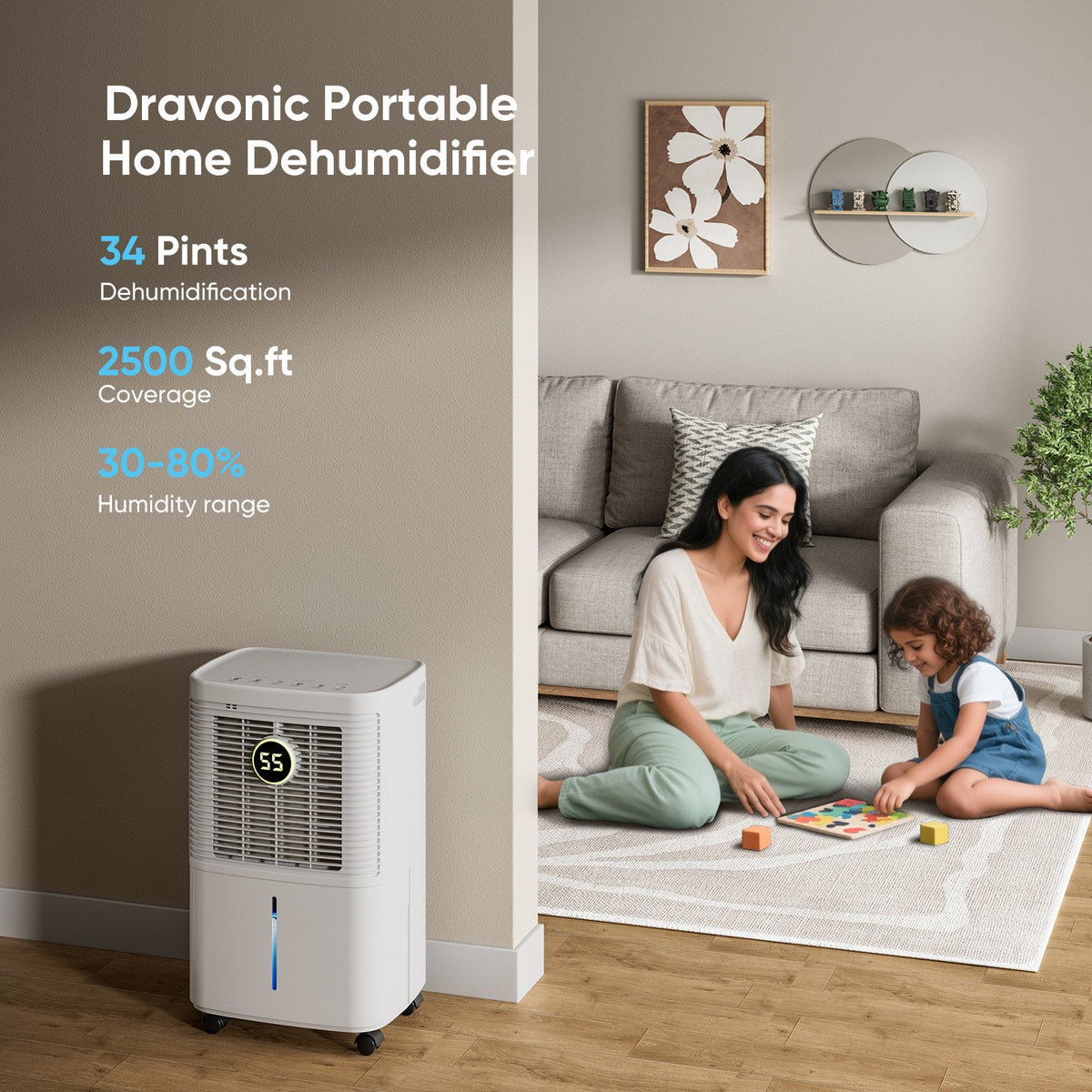 Seavon 34-Pint Dehumidifier for Basement Up to 2,500 Sq. Ft., 40 dB Quiet Dehumidifier with Color Humidity Ring, 3 Modes, 0.5-Gal Tank, 3.3-Ft Drain Hose and Auto Defrost