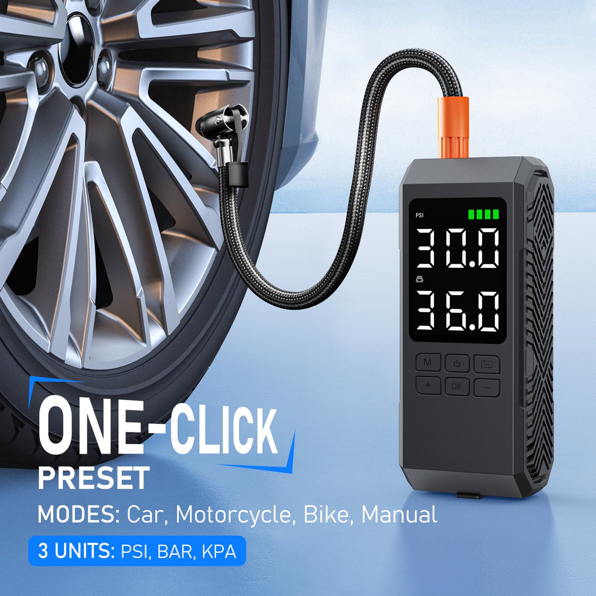Seavon Portable Tire Inflator, Cordless Air Compressor with 35 L/min Airflow, 150 PSI, 6000mAh Battery, 5 Modes, Digital Gauge, Auto Shut-Off & LED Light for Car, SUV, Motorcycle & Bike Tires