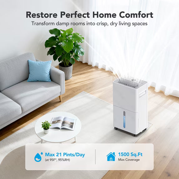Seavon 21-Pint Dehumidifier for Home and Basement, Covers Up to 1,500 Sq. Ft., 36-40 dB Quiet Operation, 3 Modes, Drain Hose, 24-Hour Timer and Auto Defrost