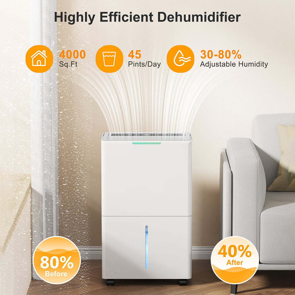 Seavon WP05 Max 45-Pints 4000 Sq.Ft Dehumidifier for Basement with Drain Hose