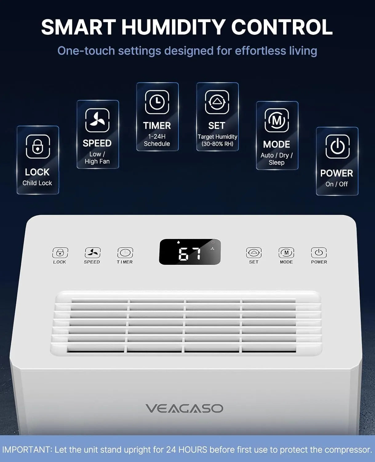 VEAGASO BP04 Max 32-Pints Dehumidifier for & Basement, Bedroom, Covers up to 2,000 Sq. Ft - Energy-Efficient & Quiet Operation