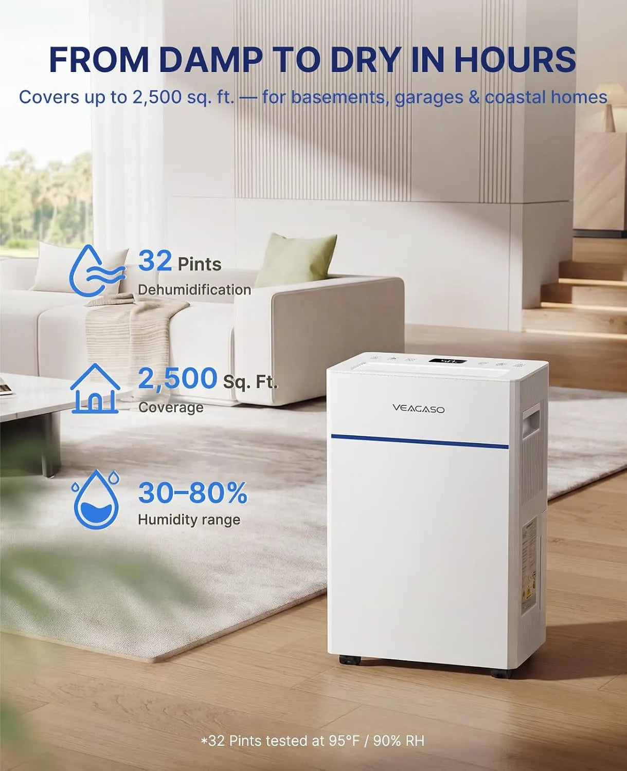 VEAGASO BP04 Max 32-Pints Dehumidifier for & Basement, Bedroom, Covers up to 2,000 Sq. Ft - Energy-Efficient & Quiet Operation