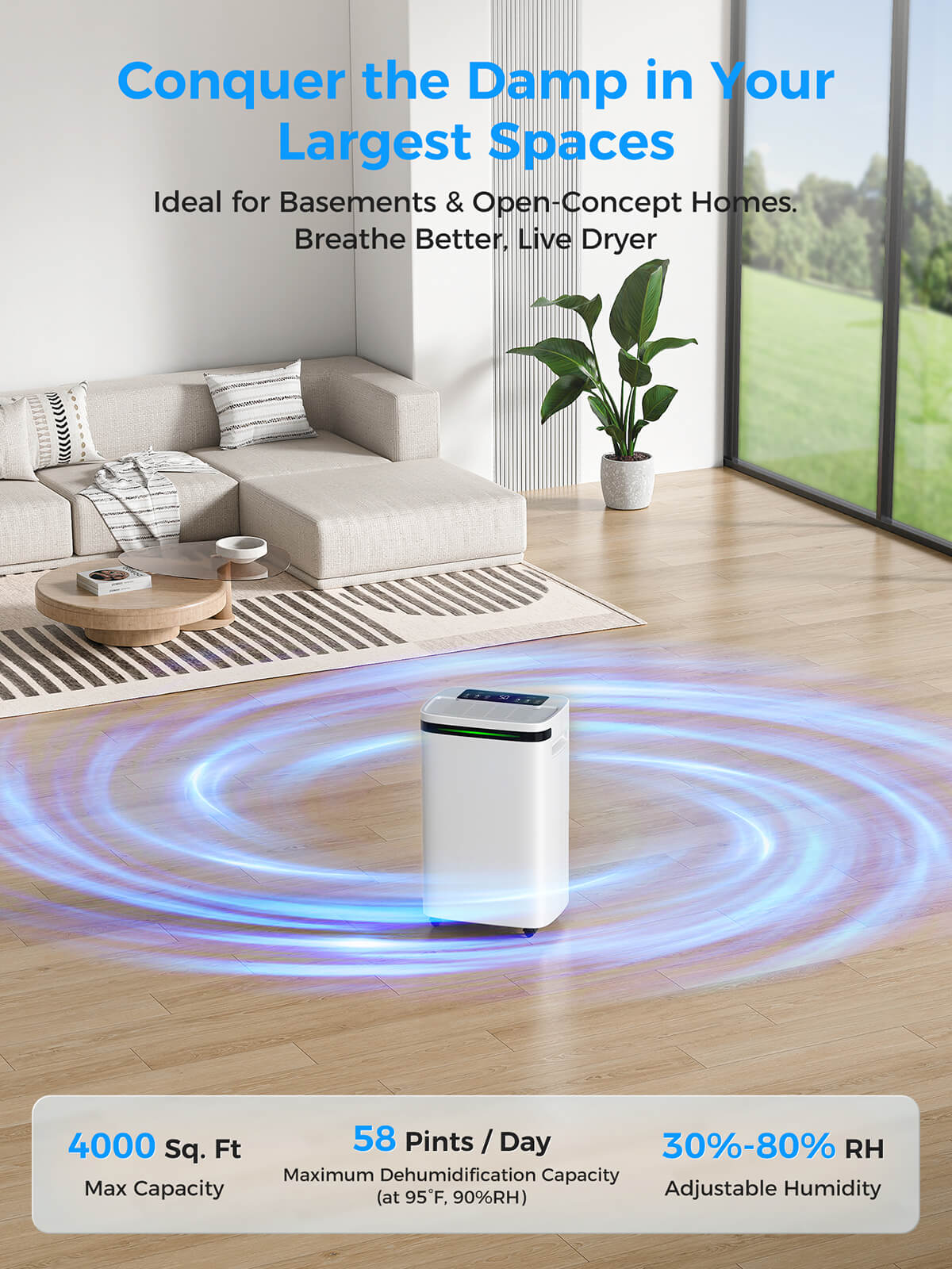 VEAGASO VG500 Max 58-Pints Dehumidifier for Large Basements & Home, Covers up to 4,000 Sq. Ft, Includes Extended 6.56-FT Drain Hose
